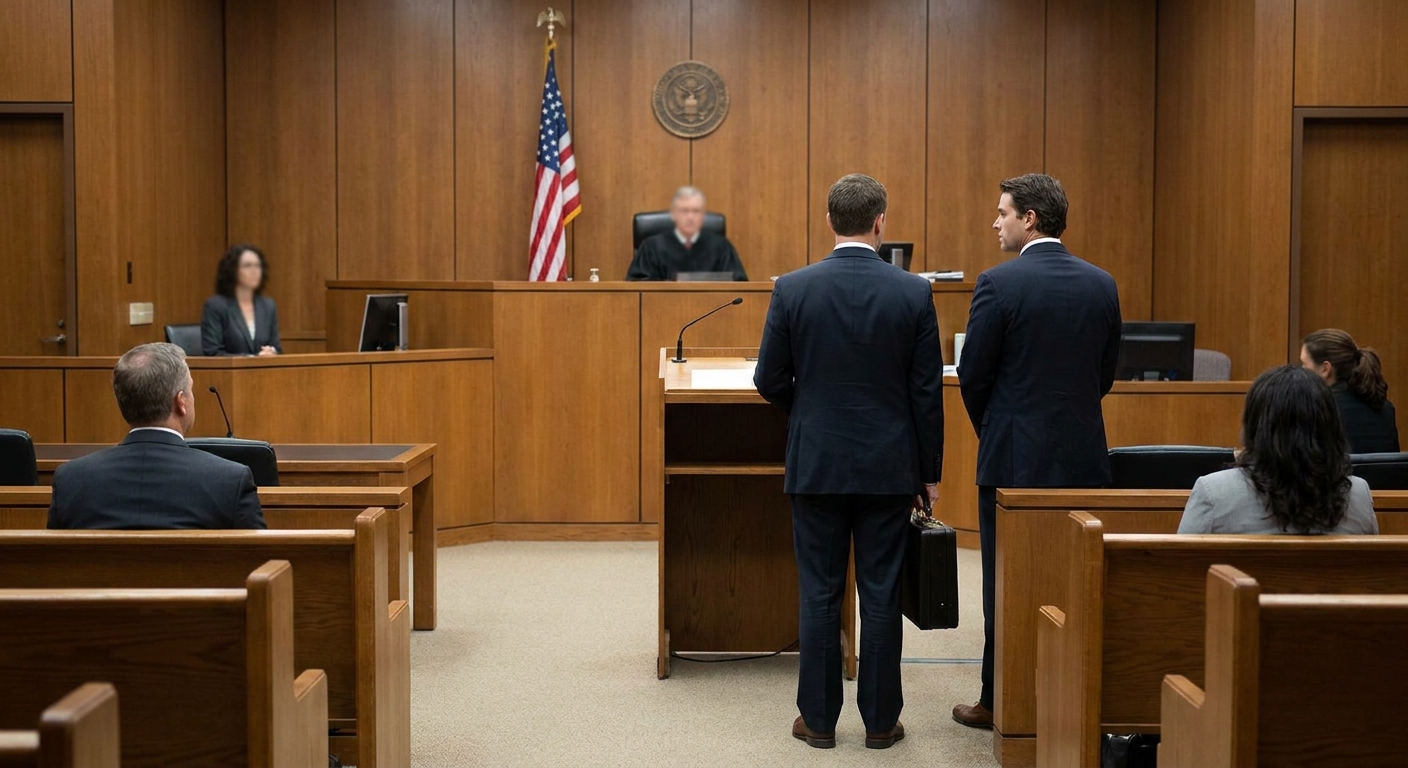 A federal prosecutor and a defense attorney standing in court during a plea hearing, with the judge’s bench out of focus in the background