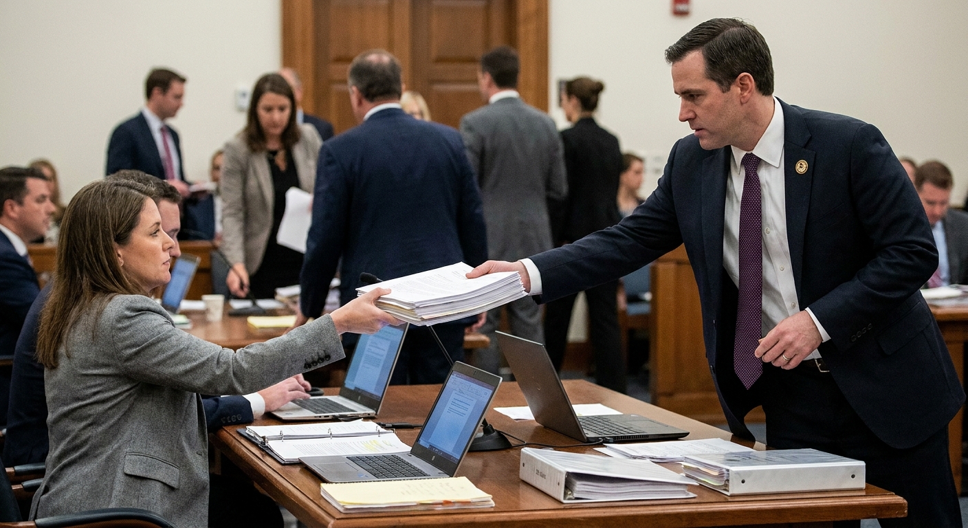 A federal prosecutor in a courtroom handing a stack of printed documents to a defense attorney at counsel table during a trial break, news photography style
