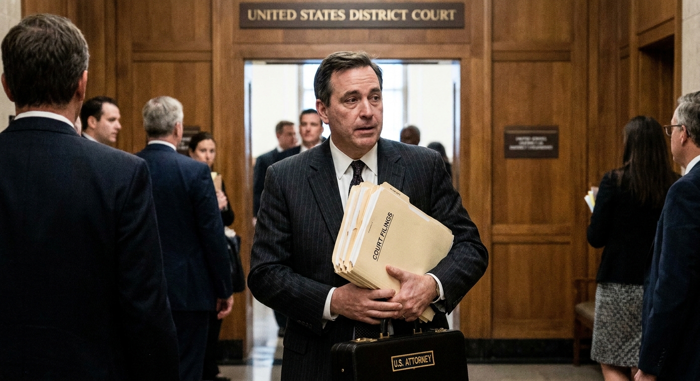 A federal prosecutor in a suit holding a stack of court filings while walking through the hallway of a United States District Court building, candid news photography style