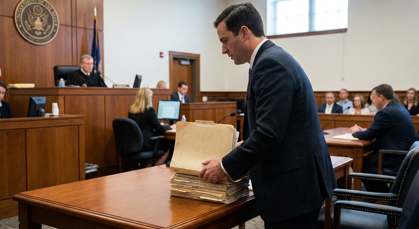 A federal prosecutor standing at counsel table in a courtroom holding a stack of case files while the judge’s bench is visible in the background, news photography style
