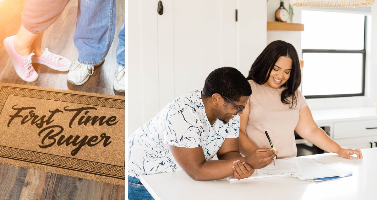 A first-time homebuyer sitting at a desk signing mortgage documents while a real estate agent points to paperwork, candid news-style photograph