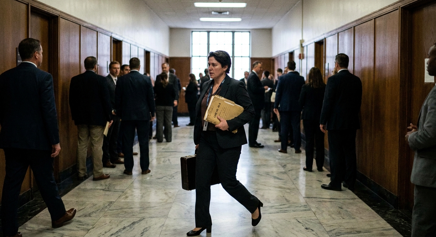 A forensic psychiatrist in professional attire walking through a courthouse hallway carrying a file folder, candid news photography style