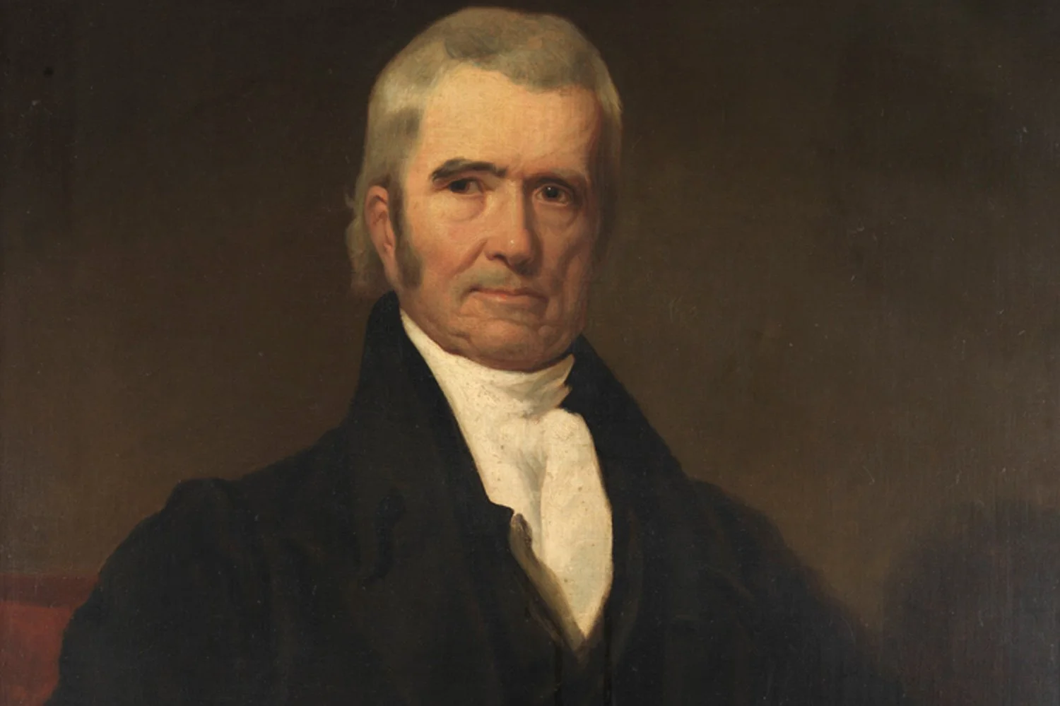 A formal painted portrait of Chief Justice John Marshall, shown from the chest up in early 19th century judicial attire