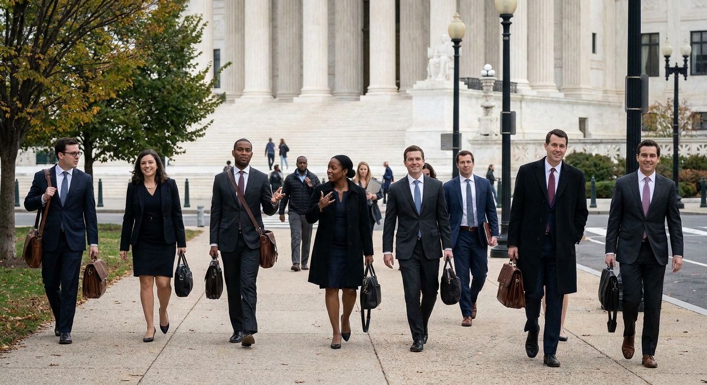 A group of Supreme Court law clerks in formal business attire walking together on First Street near the Supreme Court building in Washington, DC, candid news photography style