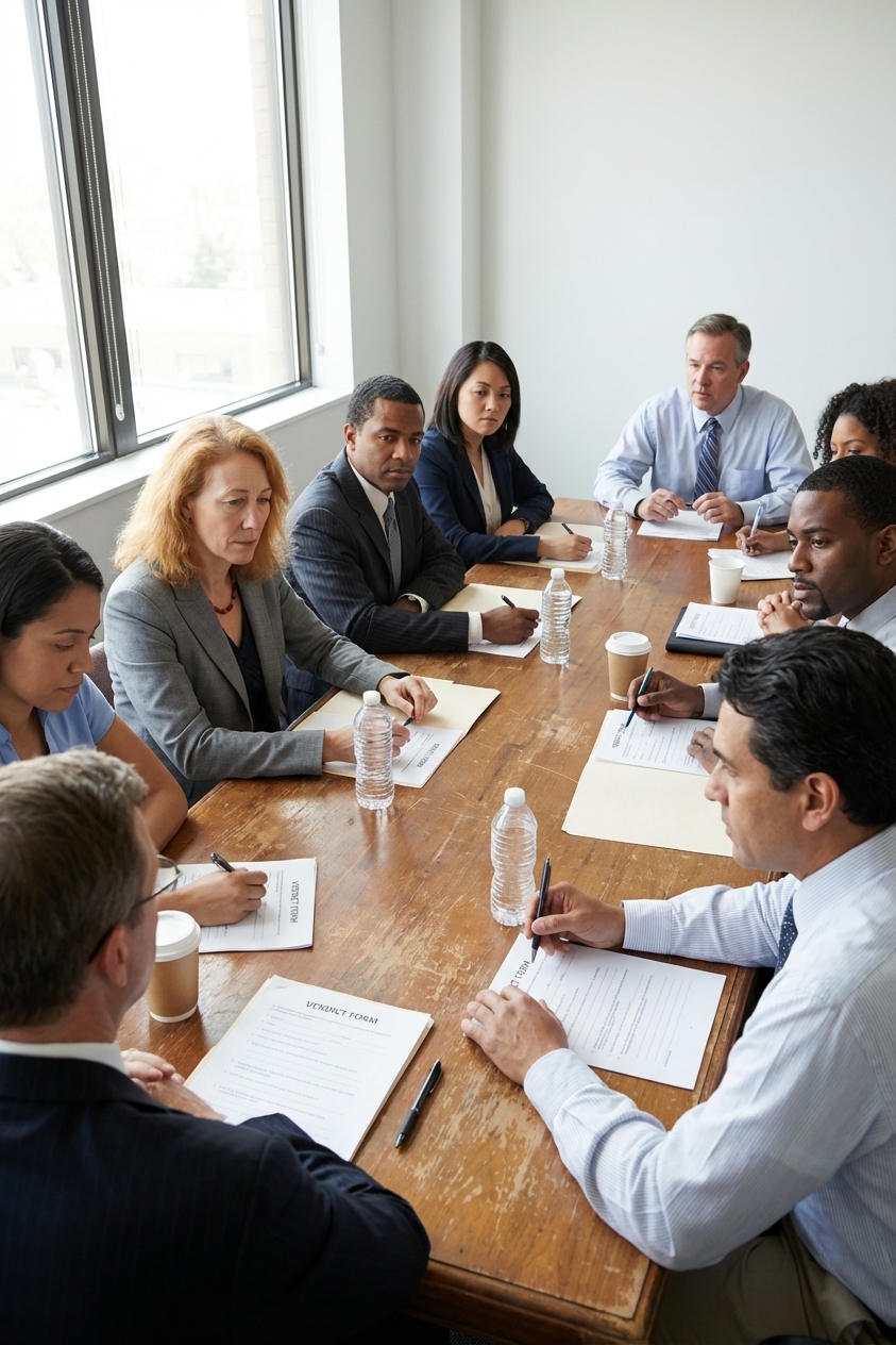 A group of diverse jurors seated around a wooden table in a courthouse deliberation room, serious expressions, papers and a verdict form on the table, natural window light, photorealistic courtroom documentary style