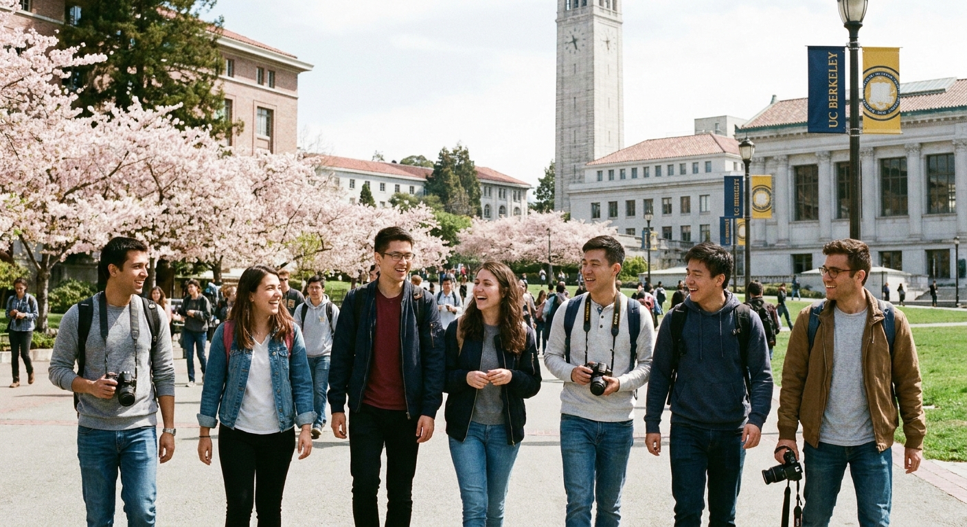 A group of international students walking across a U.S. university campus on a spring day, candid photography