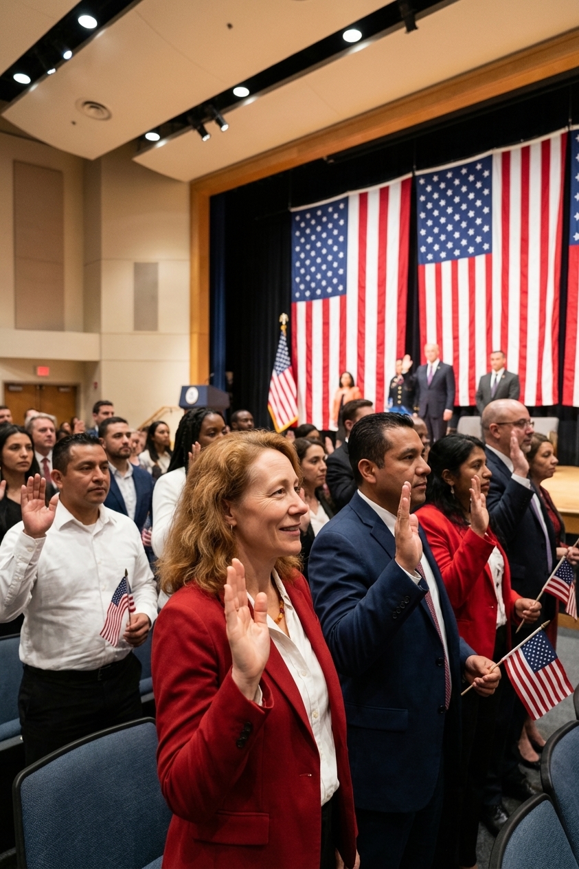 A group of new U.S. citizens standing in a federal building auditorium during a naturalization ceremony, right hands raised, American flags behind them, photorealistic documentary style