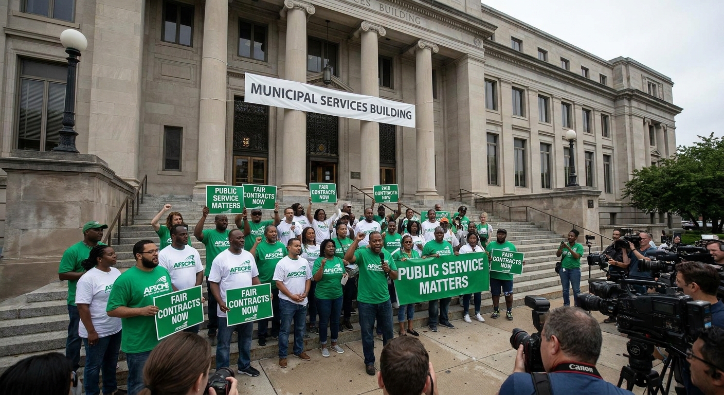 A group of public-sector union members wearing AFSCME shirts standing together outside a government office building during a daytime rally, photojournalism style
