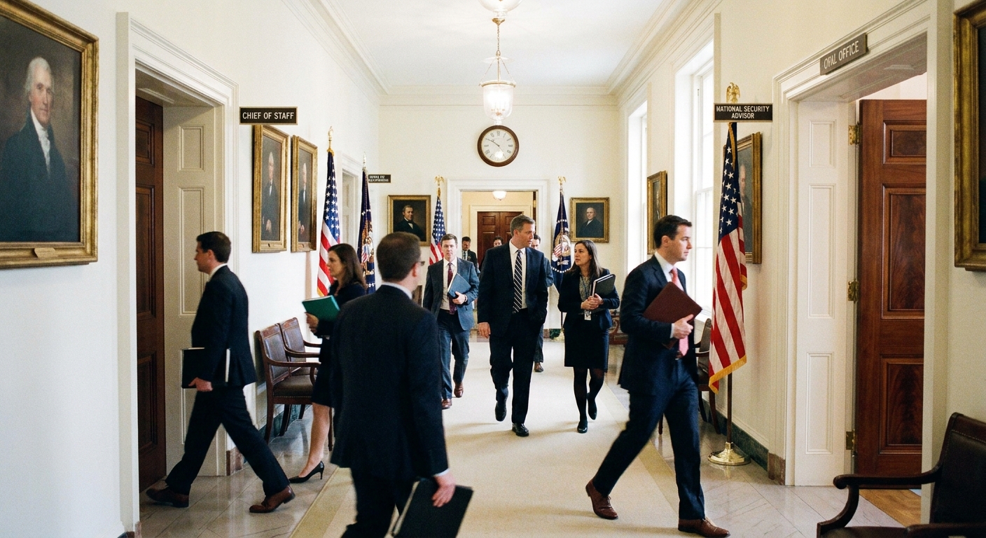 A hallway in the White House West Wing with staff walking between meetings