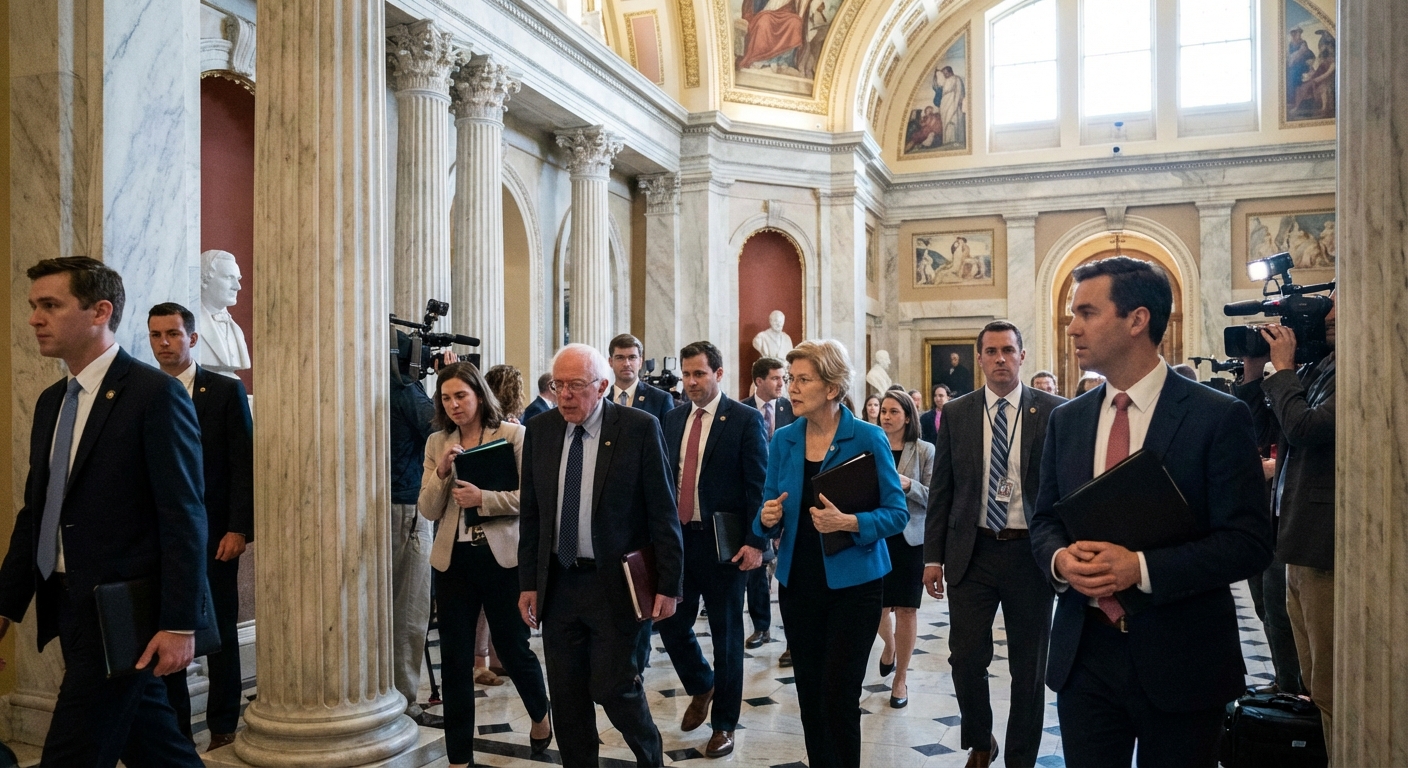A hallway inside the United States Capitol with senators and staff walking past columns during a workday, news photography style
