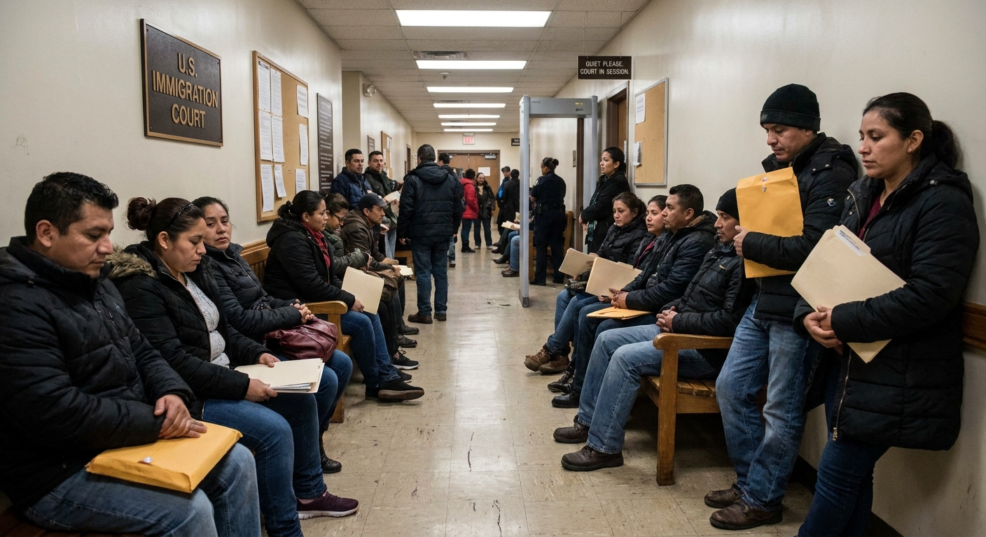 A hallway outside a U.S. immigration court with people waiting on benches holding documents folders, documentary news photography style