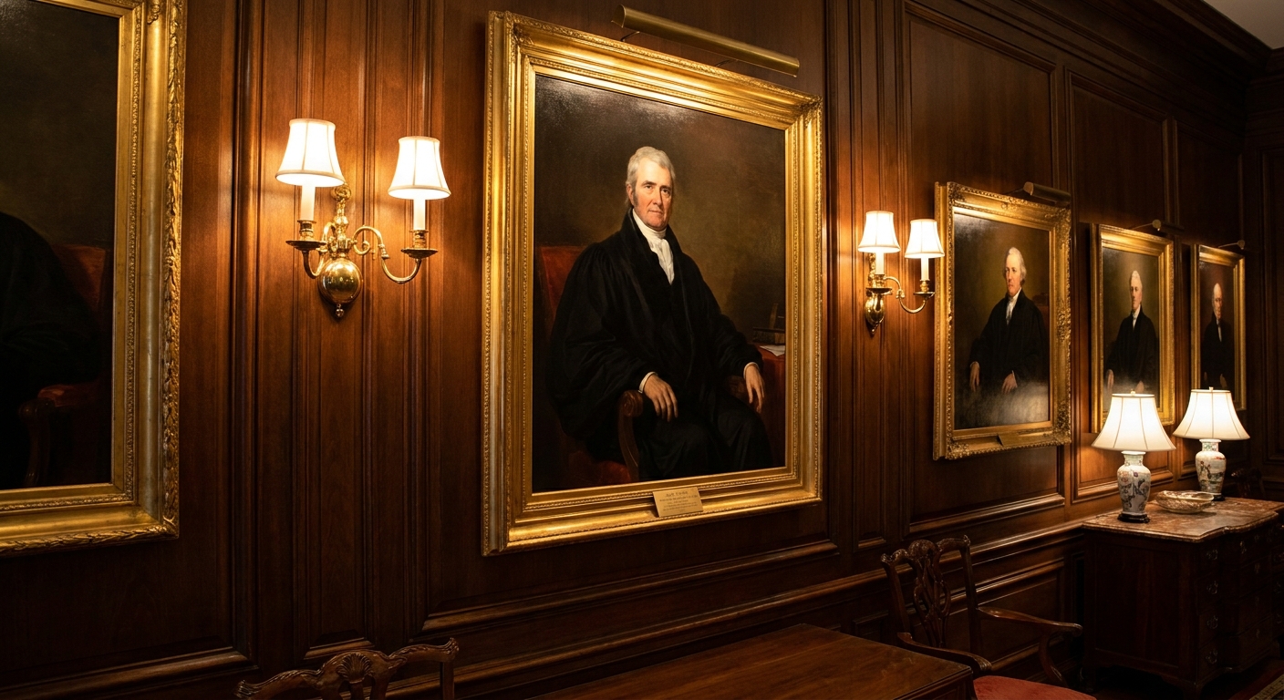 A high-resolution photograph of the painted portrait of Chief Justice John Marshall hanging in a Supreme Court portrait gallery, warm indoor lighting
