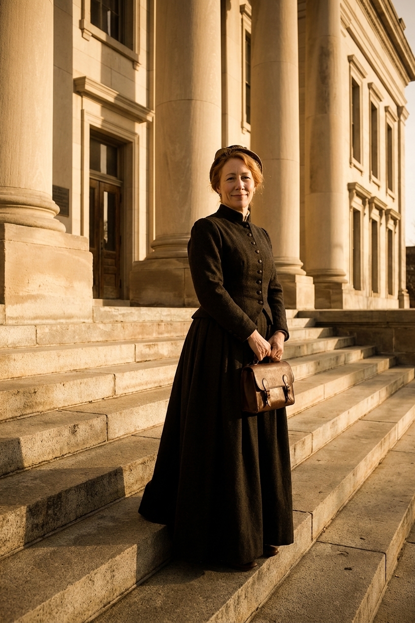 A historic American courthouse with stone steps and columns photographed in late afternoon light, evoking the Reconstruction era