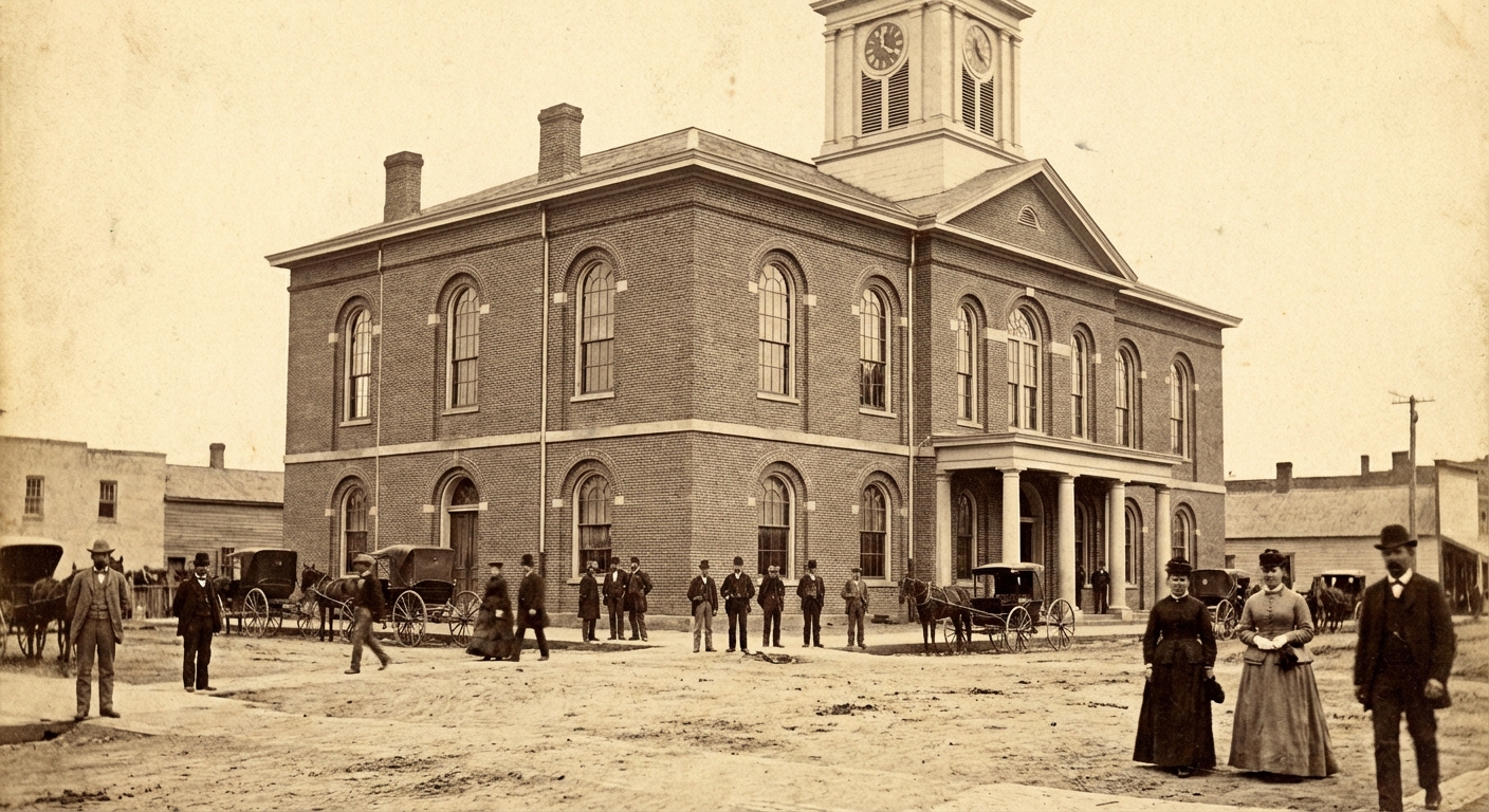 A historic photograph of a Reconstruction-era courthouse building exterior in daylight