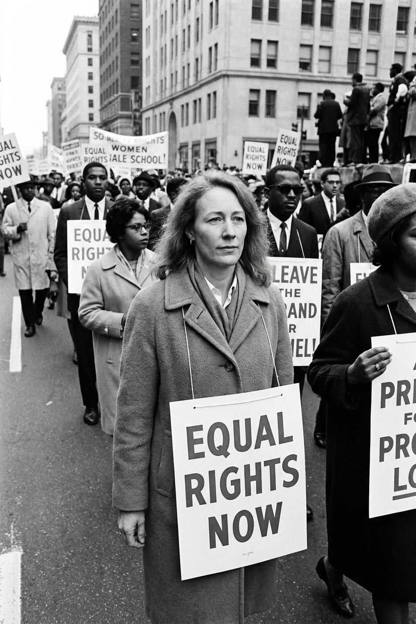 A historic-style photograph of a large civil rights march with people walking down a city street holding signs, mid-century documentary photo feel