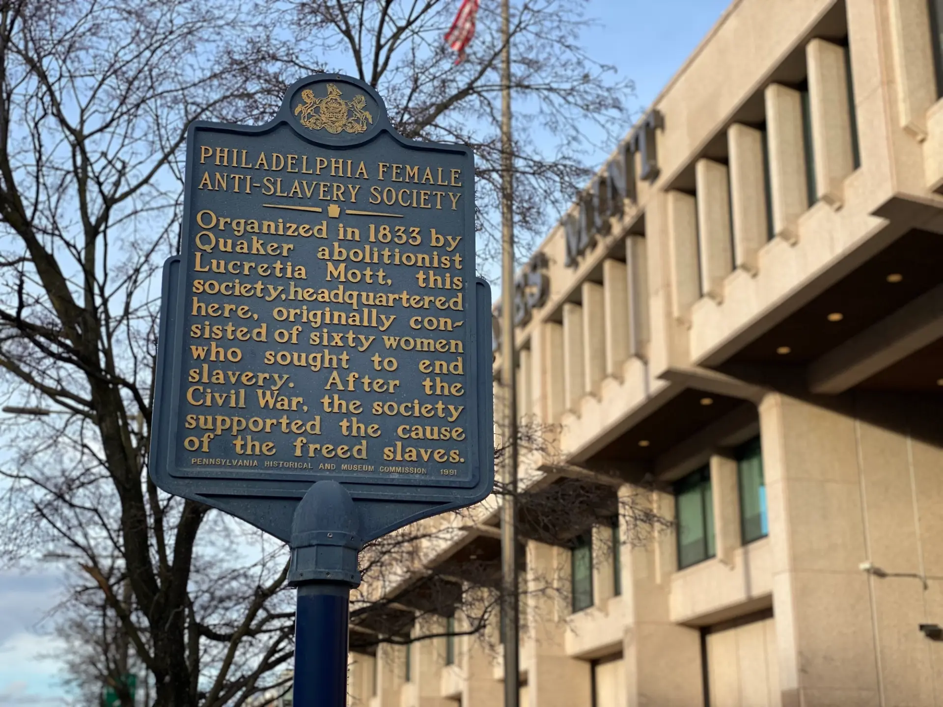 A historical marker or commemorative site in Philadelphia connected to early American antislavery organizing