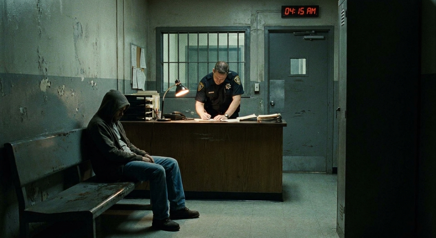 A jail release area where an officer processes paperwork at a counter while a person waits to be released, realistic low light documentary photography