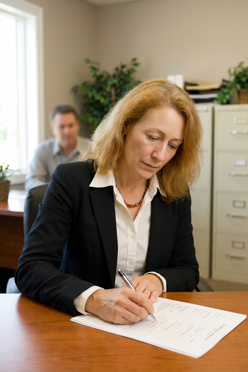 A job applicant seated at a desk in a small office filling out paperwork, with a hiring manager blurred in the background, realistic photo