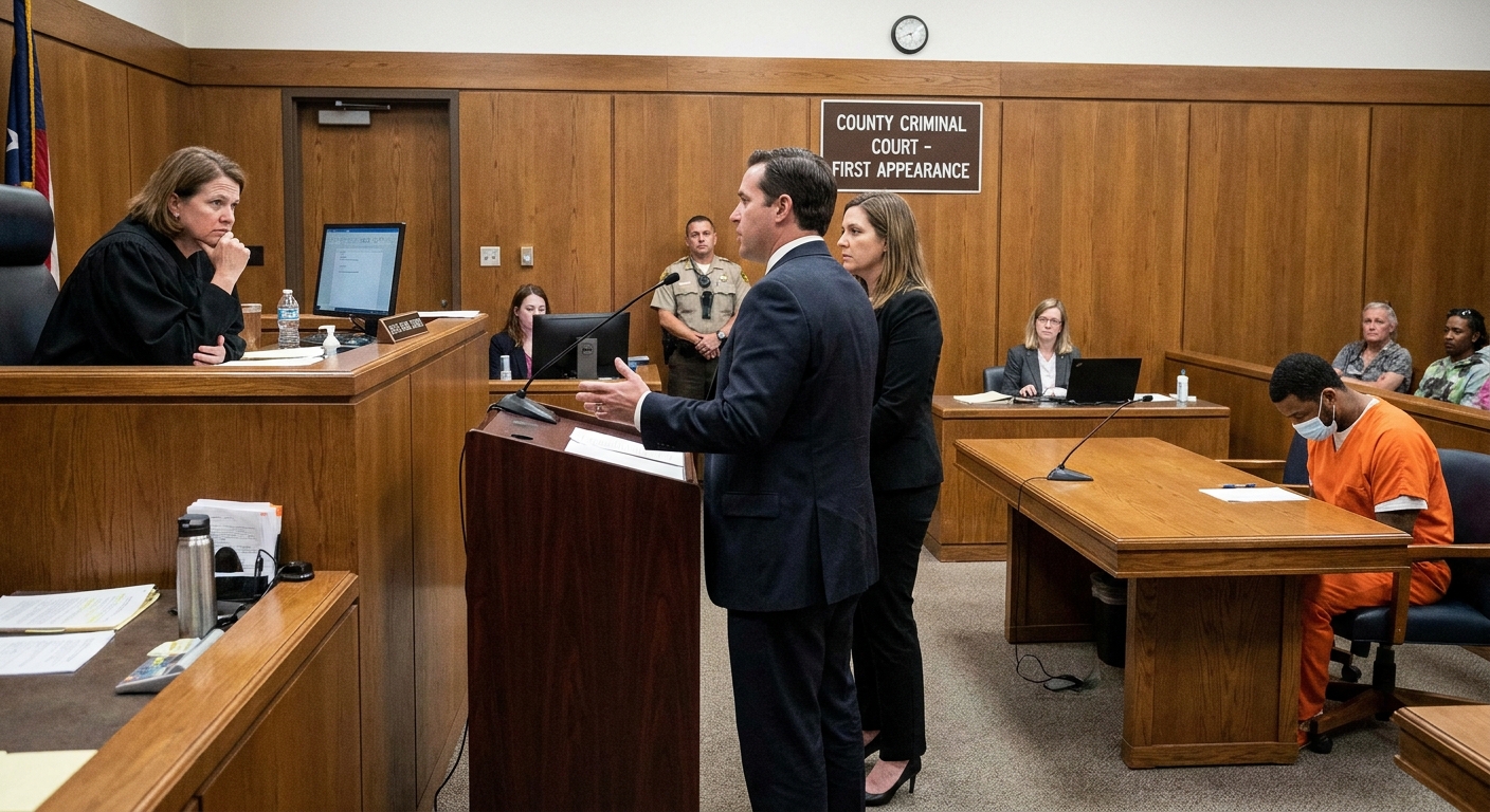 A judge in a courtroom listening as attorneys argue about bail at a defendant's first appearance, with the defendant seated at counsel table, news photography style