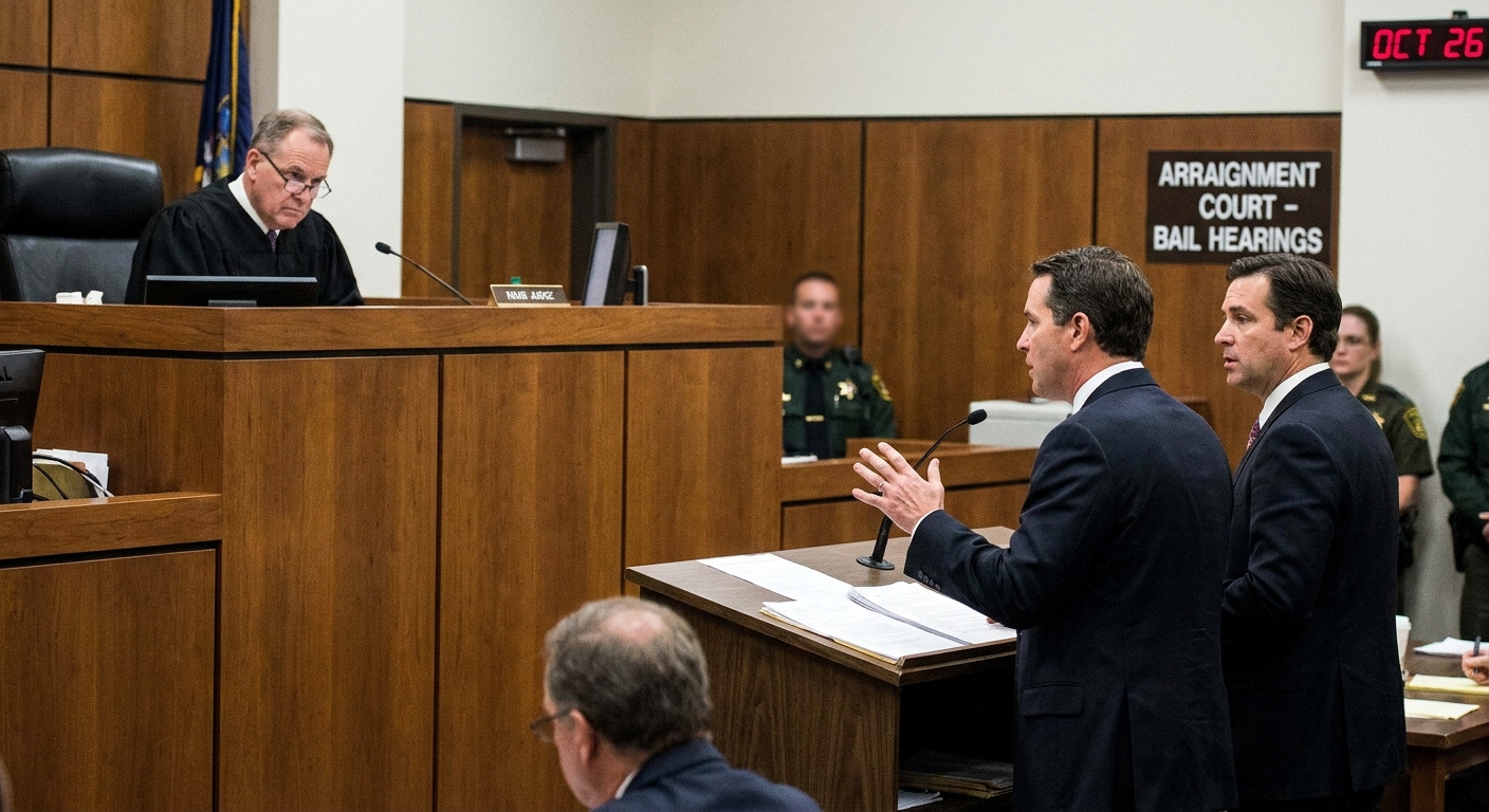 A judge looking down from the bench while attorneys stand in front of the court during a bail discussion at an arraignment hearing, news photography style