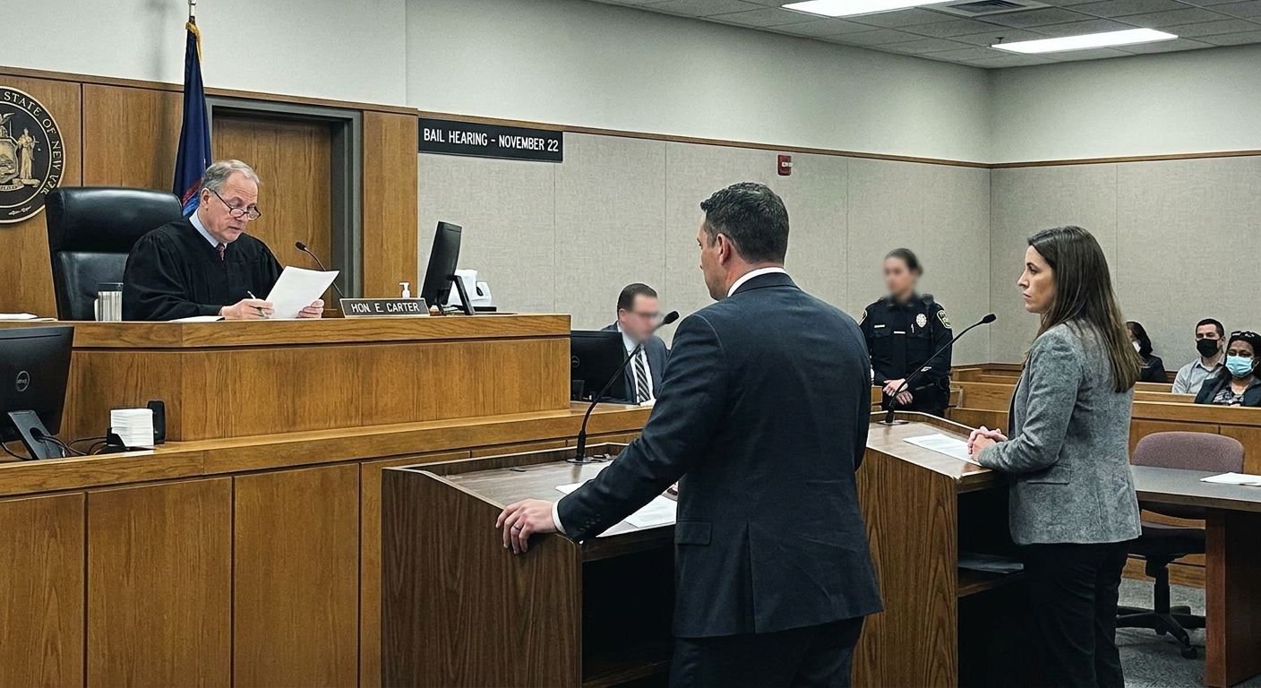 A judge seated at the bench during a bail decision while a defense attorney and prosecutor stand facing the court, news photography style