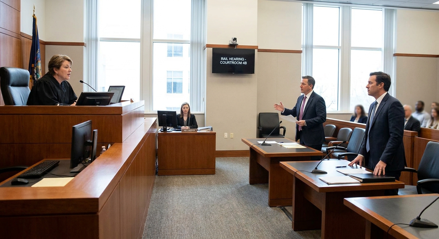 A judge speaking from the bench during a bail hearing while attorneys stand at separate tables in a modern courtroom, news photography style