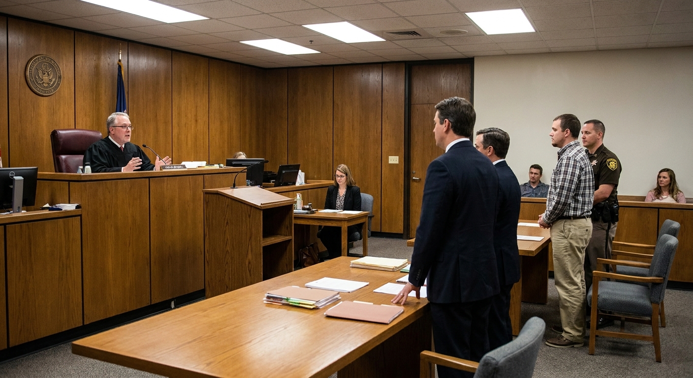 A judge speaking from the bench during an arraignment while attorneys stand at counsel table, with the defendant listening, realistic courtroom photo
