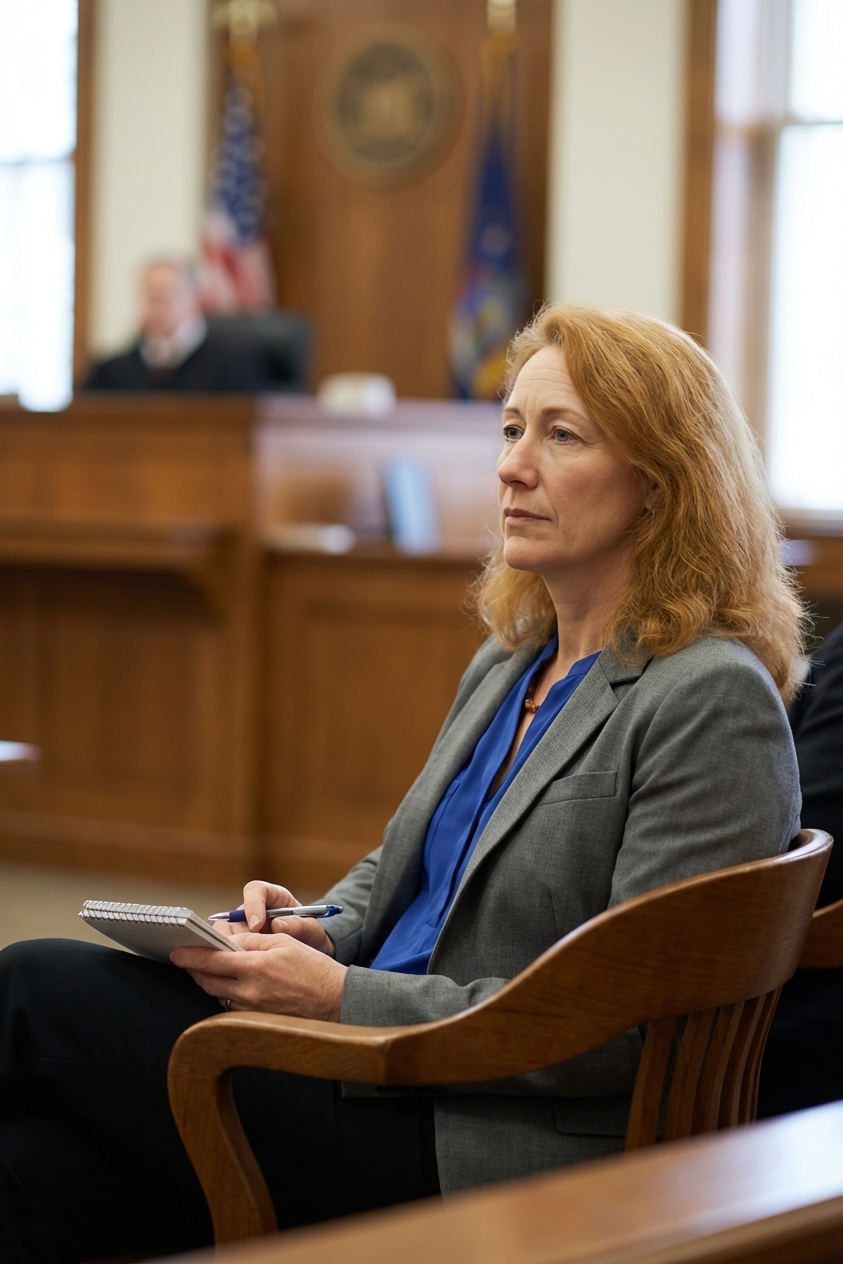 A juror seated in a courtroom holding a small notebook and pen while listening, with the judge’s bench blurred in the background, candid photography