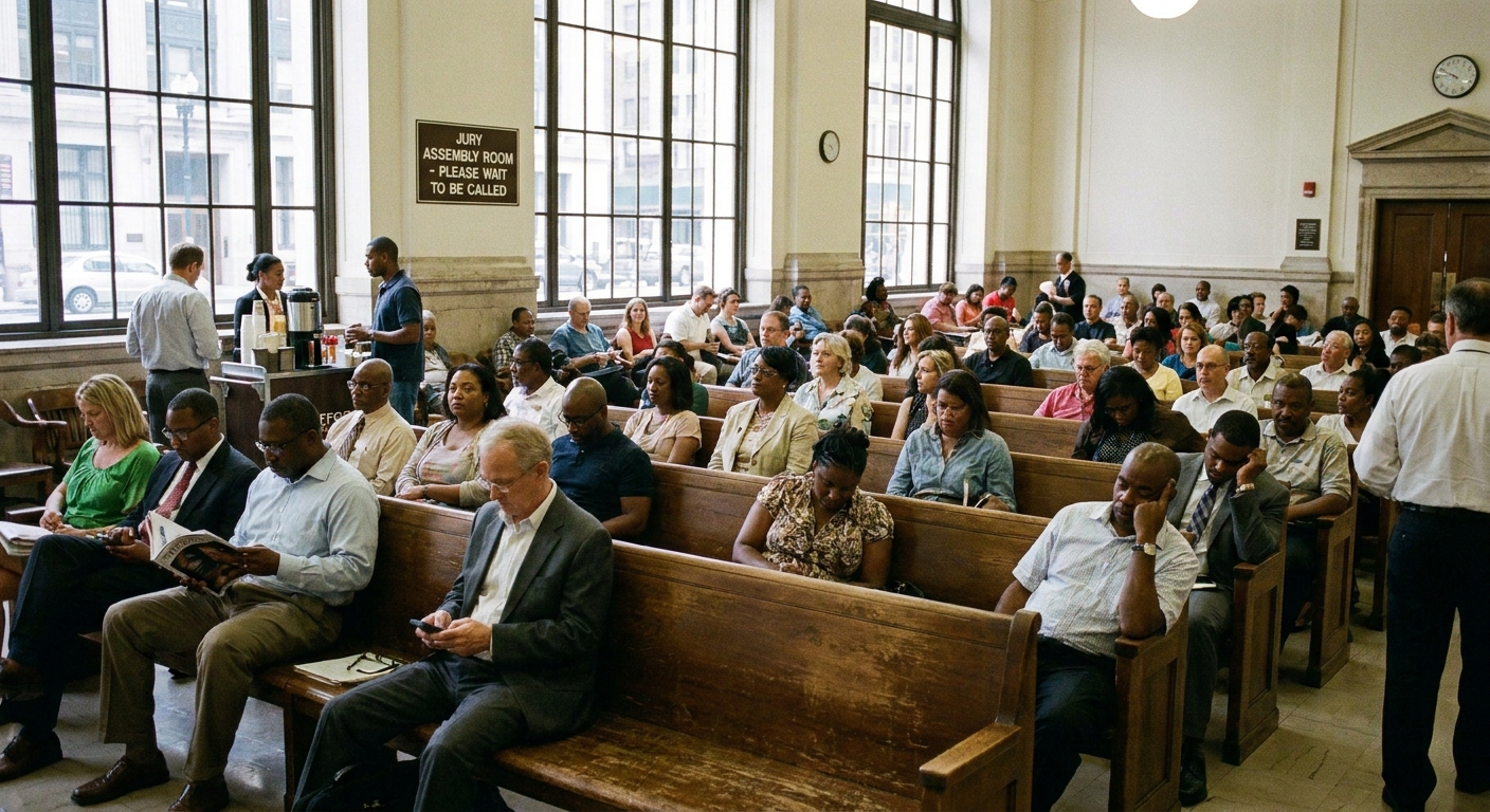 A jury assembly room with rows of seated citizens waiting to be called, candid courthouse photography
