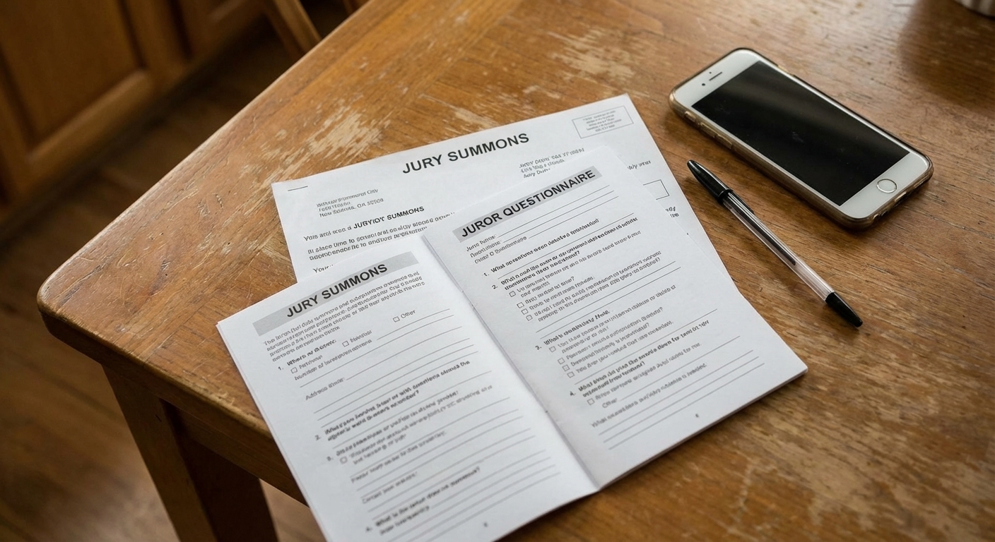 A jury duty summons and questionnaire paperwork lying open on a kitchen table next to a pen and a smartphone, documentary photography style