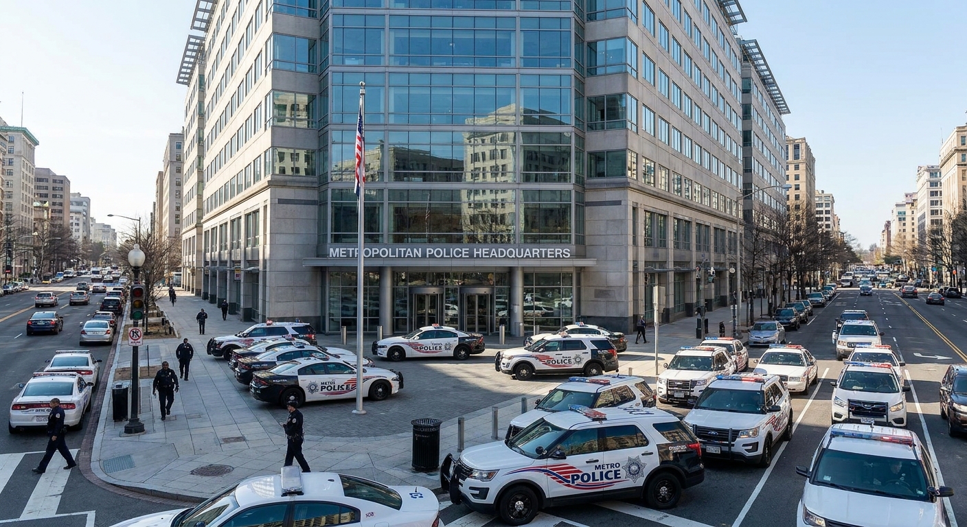 A large city police headquarters building with marked patrol cars parked near the front entrance and pedestrians walking past in daytime