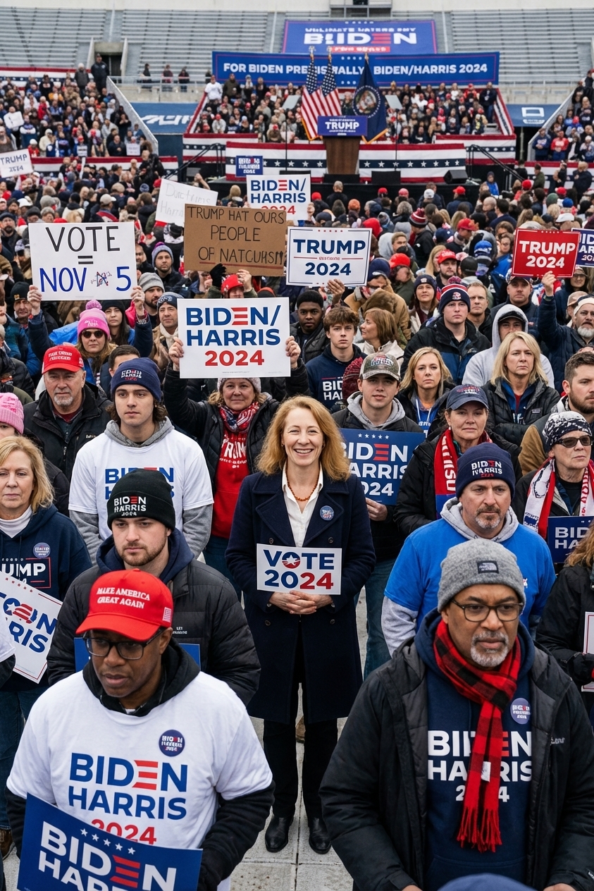 A large crowd at a U.S. presidential campaign rally in November 2024 with supporters holding signs and wearing campaign merchandise, real news photograph style