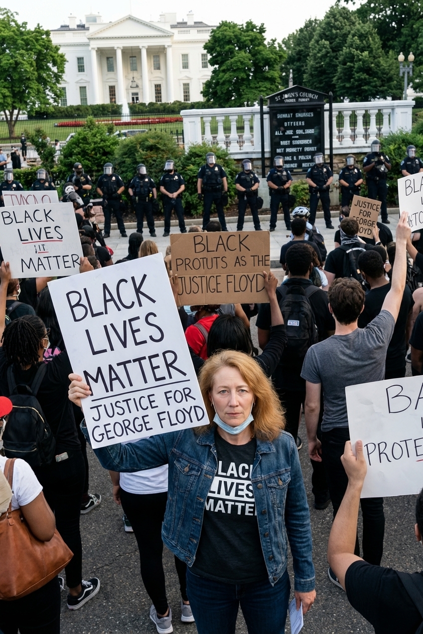 A large crowd of protesters gathered near Lafayette Square in Washington, DC in June 2020, with people holding signs while law enforcement stand in the distance, news photography style