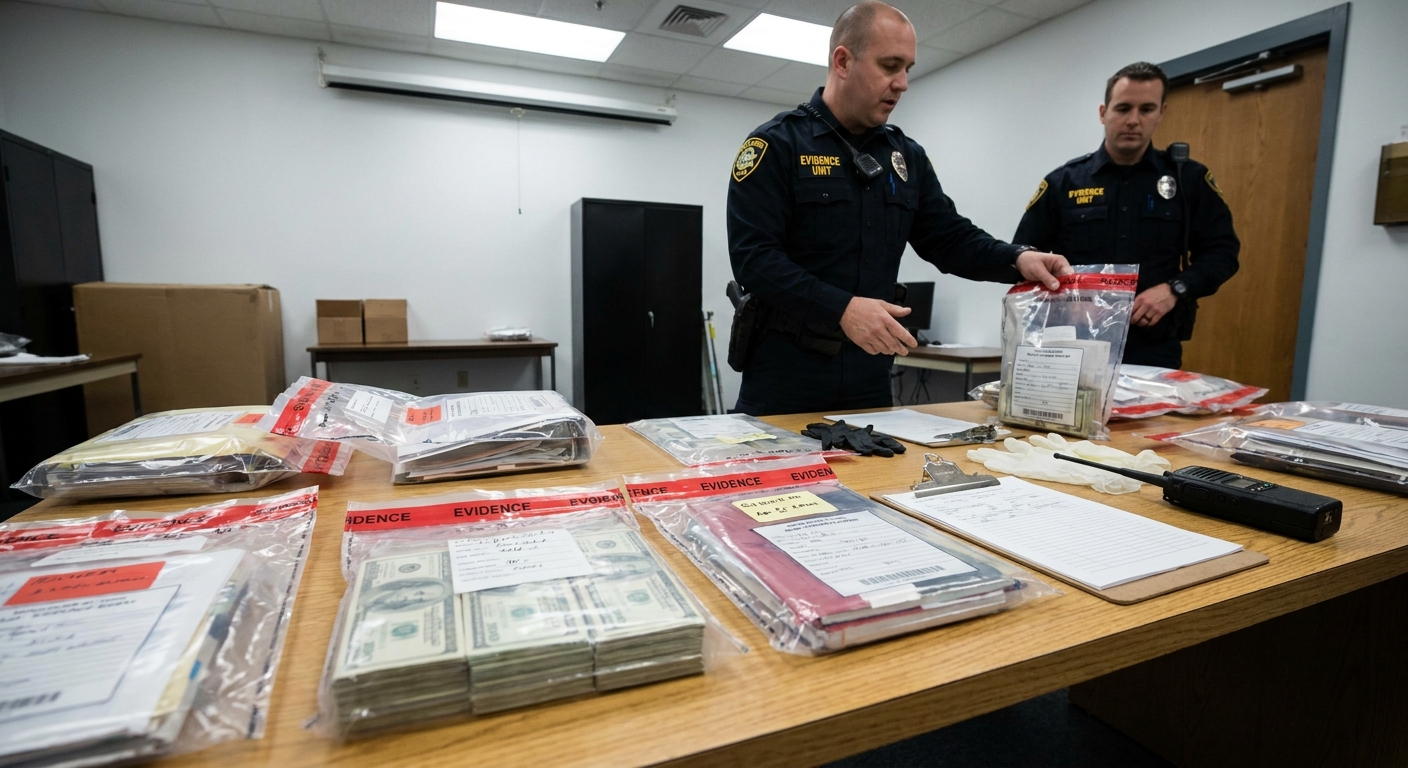 A law enforcement evidence room table with sealed bags of seized cash and documents laid out during processing, news photography style