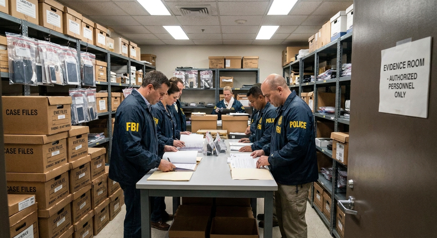 A law enforcement evidence room with boxed documents, phones in evidence bags, and agents reviewing materials at a table, news photography style