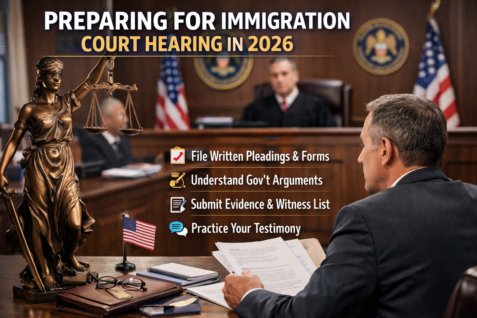 A lawful permanent resident seated beside an attorney in an immigration courtroom during a hearing, with the judge’s bench visible in the background, news photography style