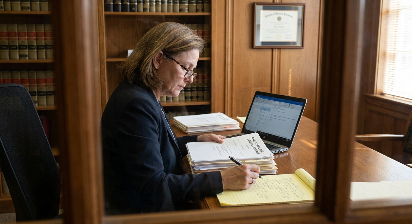 A lawyer at a desk reviewing a civil complaint with a notepad and a laptop in a quiet office, news photography style