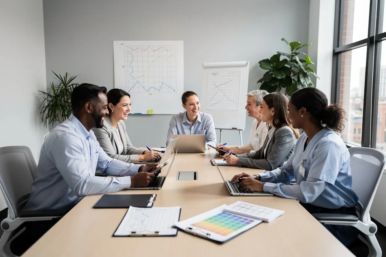 A licensed professional counselor seated in a quiet office speaking with two adult clients across a small table, natural light, documentary news photography style