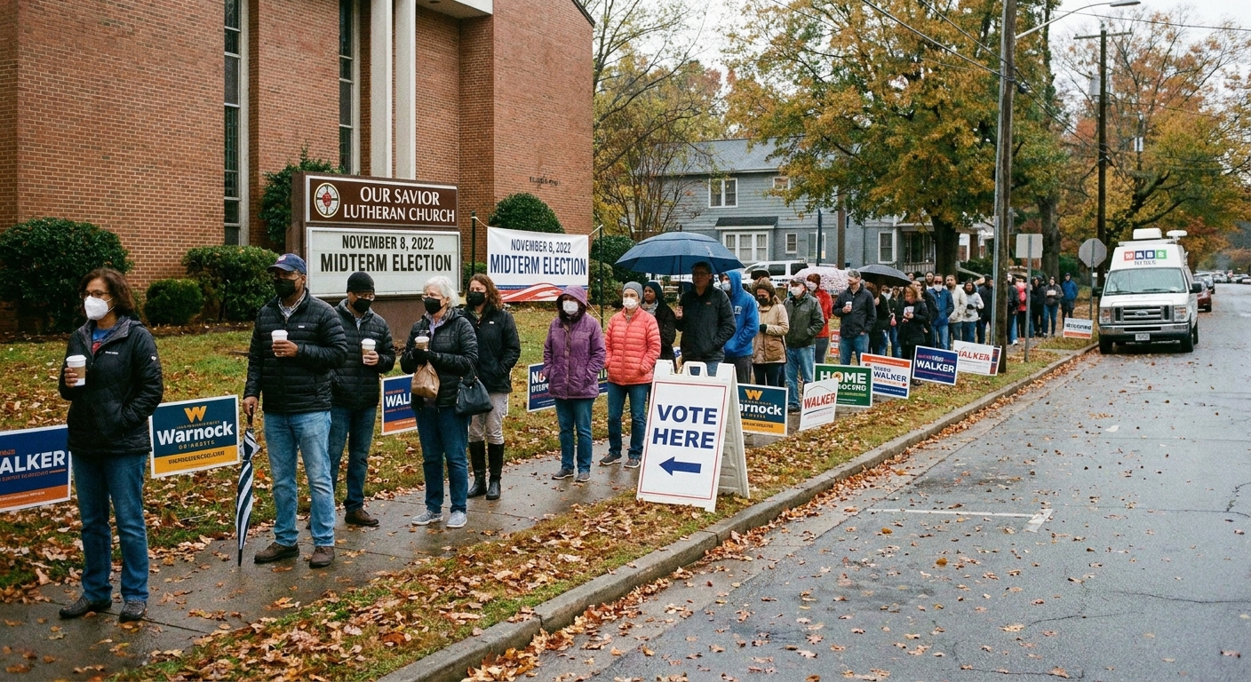 A line of American voters waiting outside a local polling place during the November 2022 midterm elections, documentary news photography style