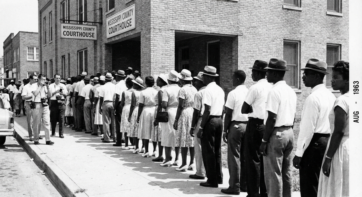 A line of Black citizens waiting outside a Mississippi county courthouse for voter registration in August 1963, news photography style