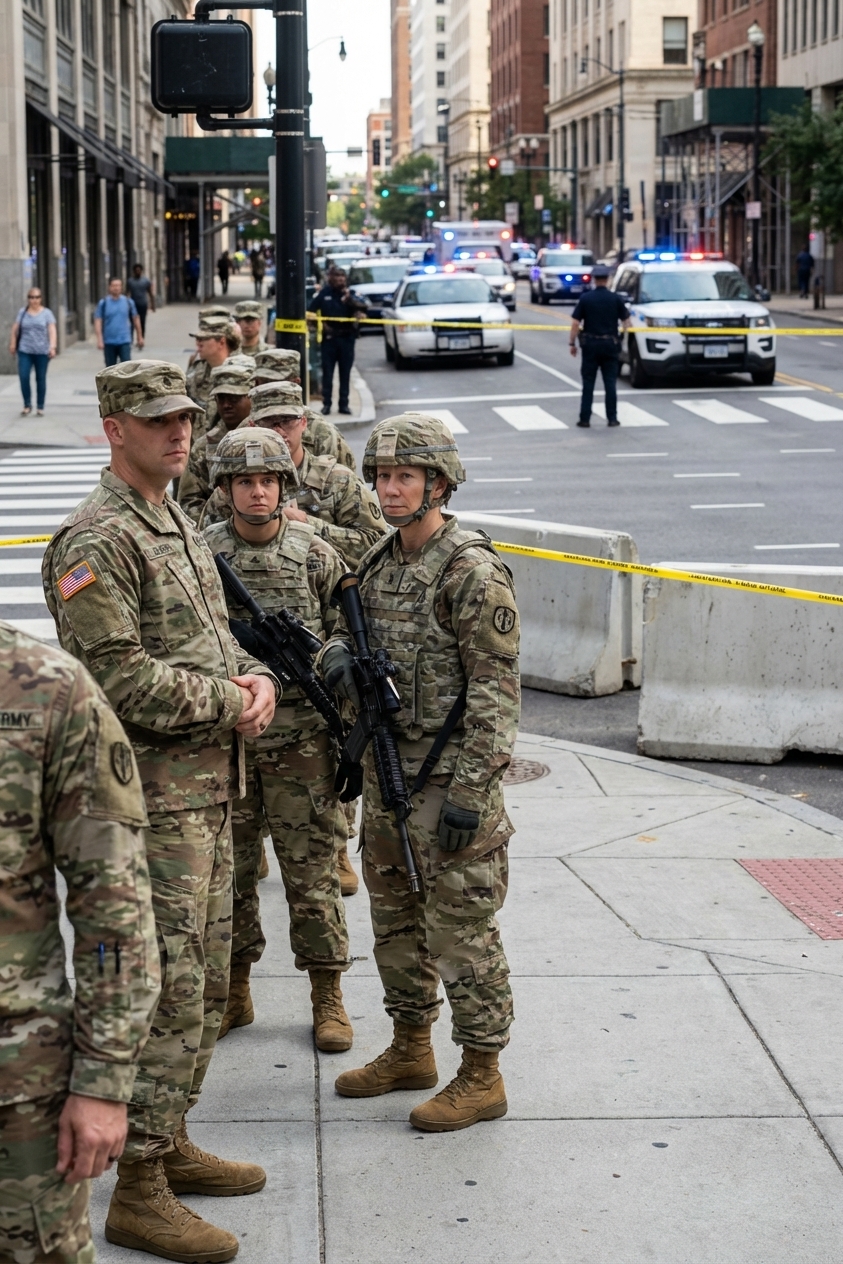 A line of U.S. Army soldiers in uniform standing on a city street near a cordoned intersection with police vehicles in the distance, photorealistic news photography