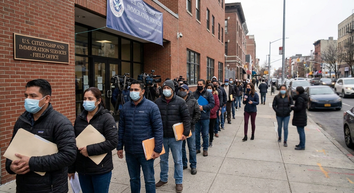 A line of immigration applicants waiting outside a USCIS field office in the United States during daytime, news photography style