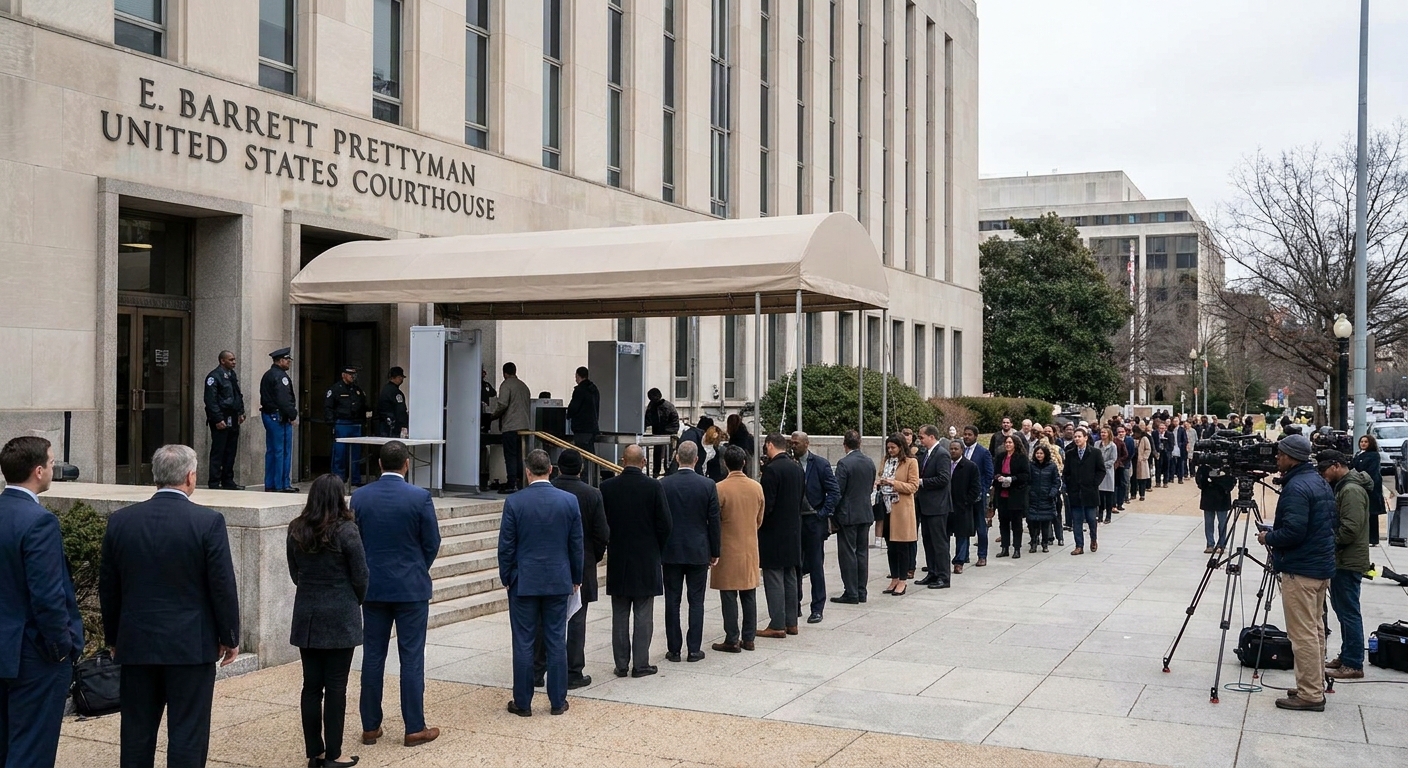 A line of people entering a federal courthouse in Washington, DC with security screening visible near the entrance, news photography style