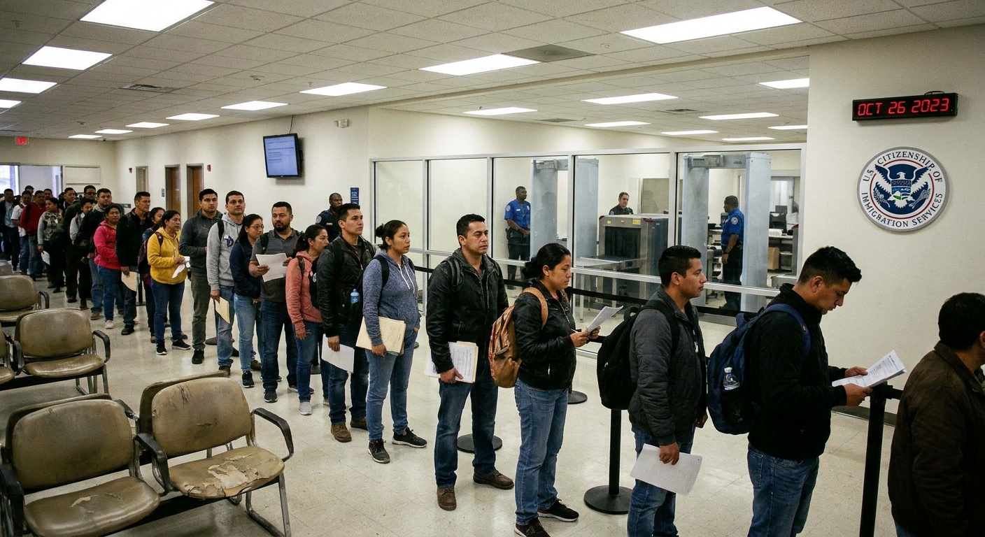 A line of people waiting in a lobby at a U.S. citizenship and immigration services office, with security screening visible in the background, documentary news photo style
