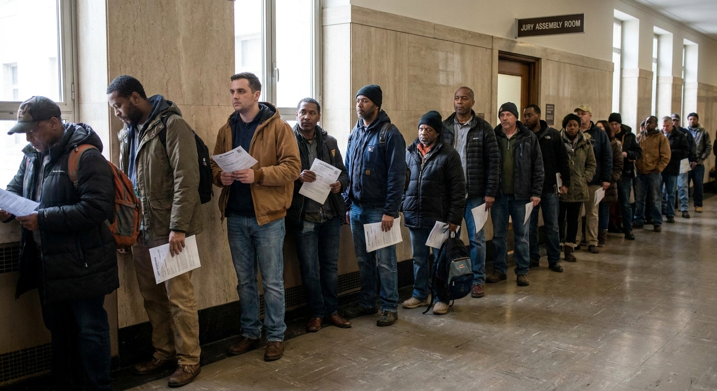 A line of prospective jurors waiting in a courthouse hallway with jury summons papers in hand, real news photography style