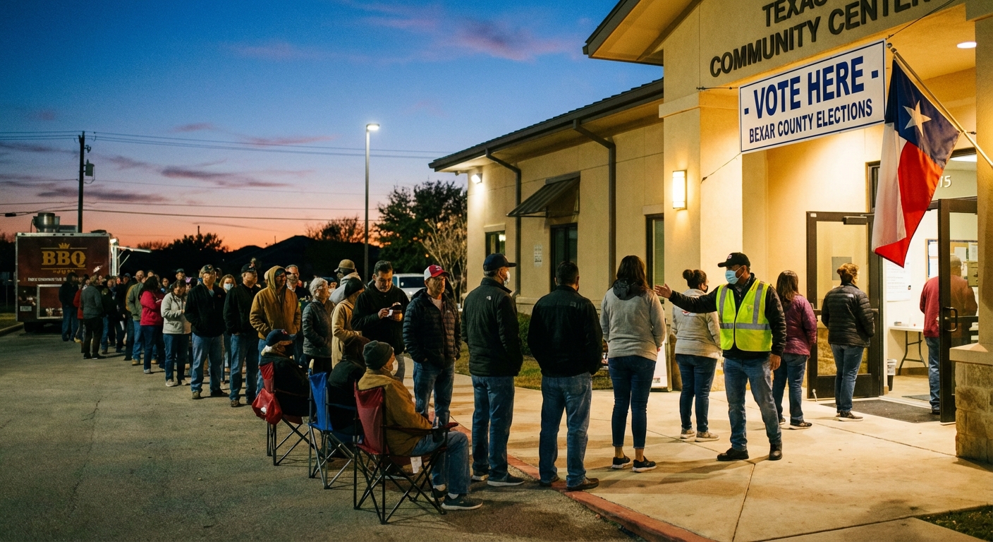 A line of voters waiting outside a Texas polling place at dusk with a poll worker near the entrance