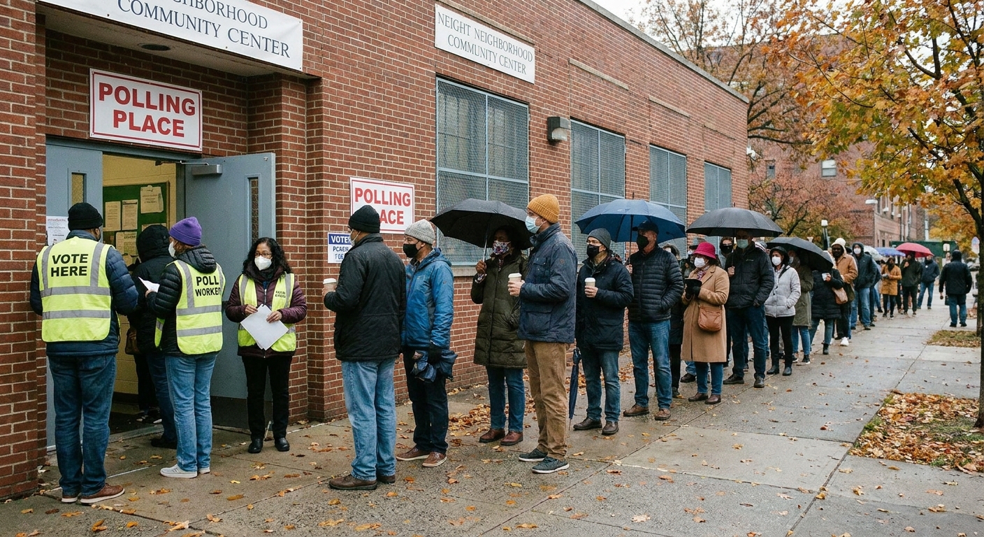 A line of voters waiting outside a neighborhood polling location on election day with poll workers near the entrance, realistic news photography style