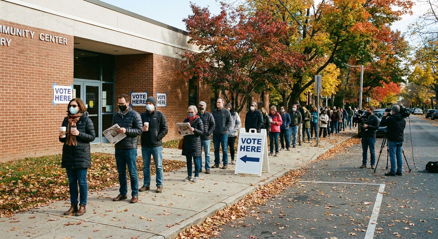 A line of voters waiting outside a neighborhood polling place on a clear autumn day, documentary news photography style