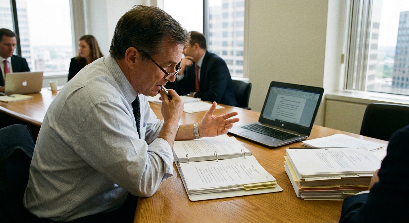 A litigation attorney at a conference table reviewing a deposition transcript with exhibits and a laptop open, candid office photography style