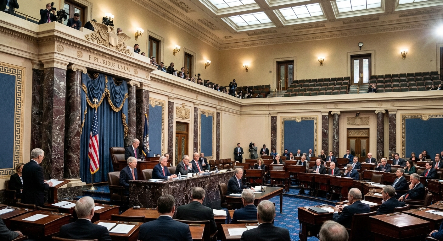 A live Senate session with senators seated at their desks in the United States Senate chamber, viewed from the public gallery, news photography style